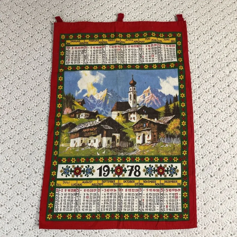 VTG 1978 Linen Tea Towel Calendar Wall Hanging Mountains Chapel Homes 15”x22”